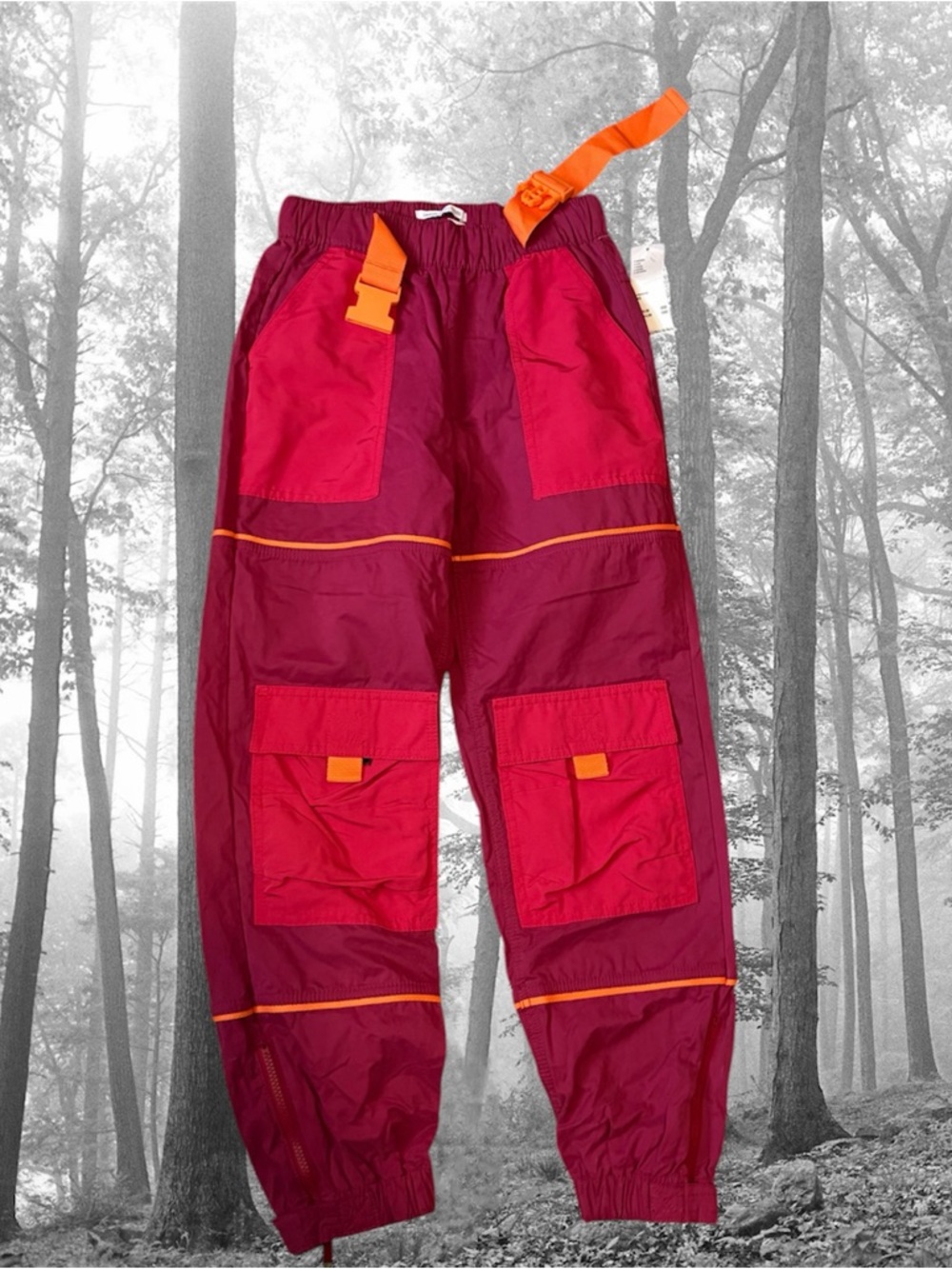 Urban Outfitters Maroon & Red Wide Leg Cargo Jumpsuit Pants with Orange Accents